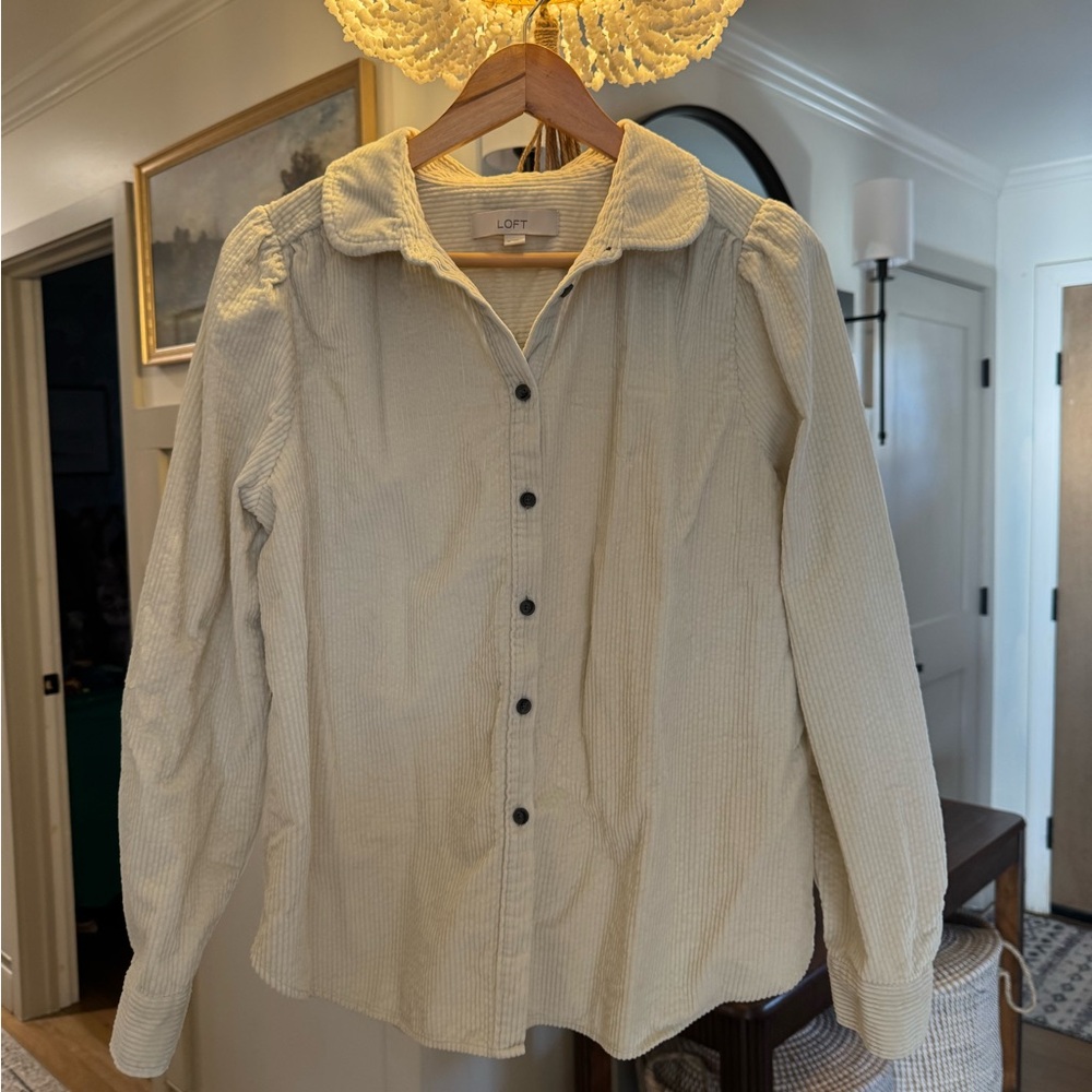 LOFT Cream Ribbed Corduroy Shirt with Dark Buttons